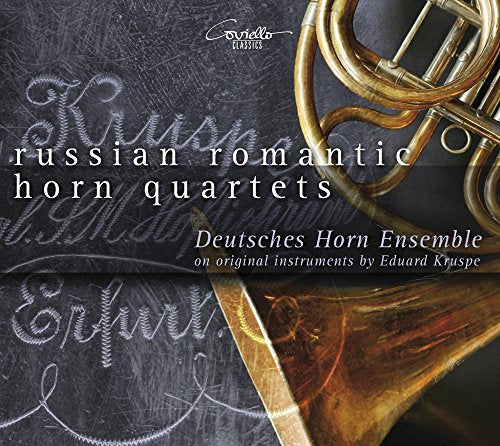 CD cover featuring brass French horns and text for Russian Romantic Horn Quartets.