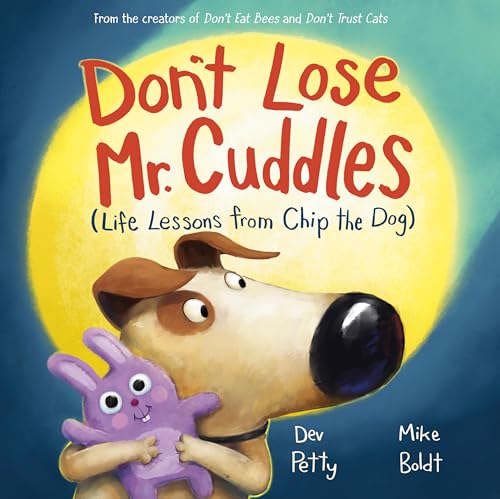 Book cover with a brown dog holding a purple stuffed bunny.