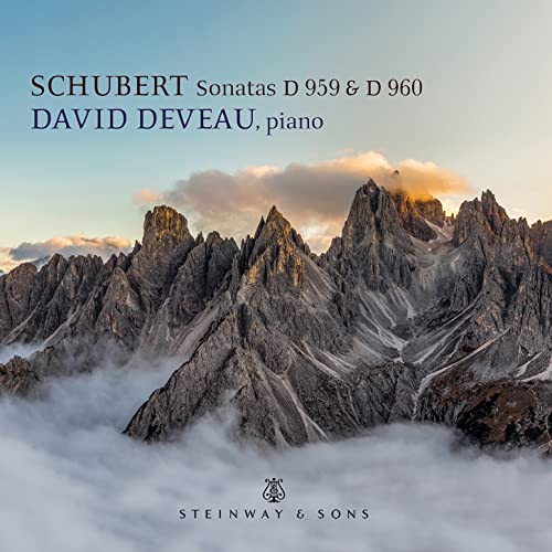 CD cover: mountains shrouded in mist, text “Schubert Sonatas” and “Deveau.”