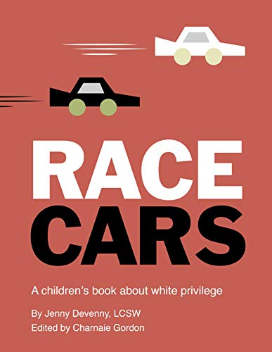 Book cover with a white car and black car on a red background.