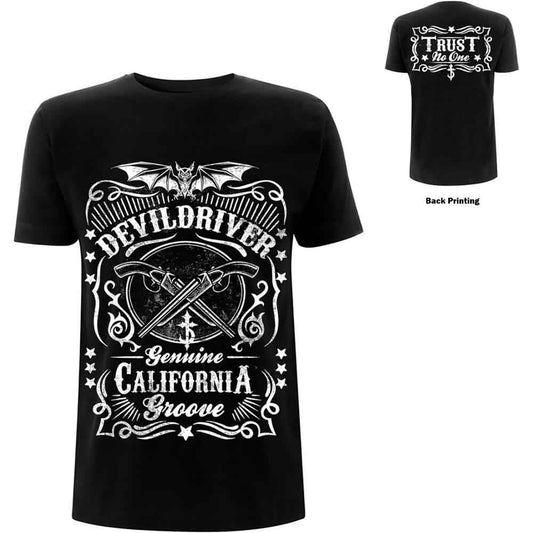Black t-shirt with white graphic of crossed axes and "Devil Driver" text.
