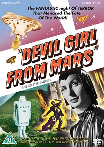 DVD cover for Devil Girl From Mars featuring a woman, robot, and flying saucers.
