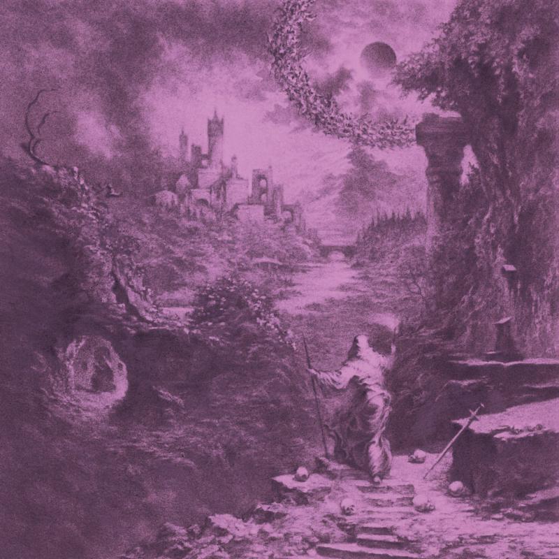 Dark, detailed landscape with a figure kneeling towards a distant castle.