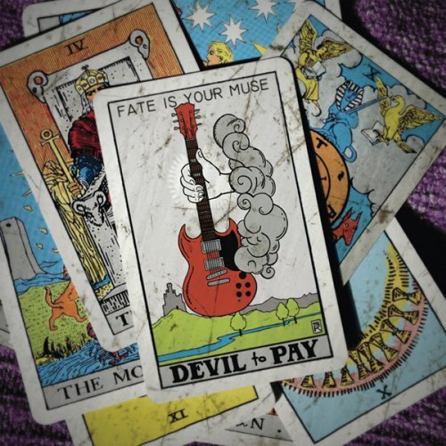 Tarot cards with a red guitar and smoke illustration, album cover.
