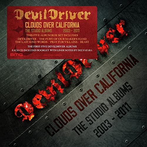 Devildriver “Clouds Over California” CD box set with fiery lettering.