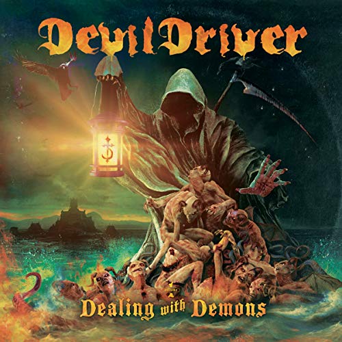 "Album cover art: hooded figure surrounded by demons, holding a lantern, on a rocky shore."