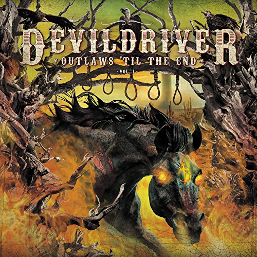 "Devildriver album cover featuring a horse-like creature surrounded by flames and nooses."