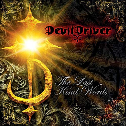"Album cover art for Devildriver's 'The Last Kind Words' with ornate design and gold accents."
