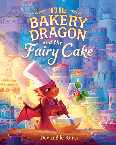 A red dragon wearing a chef hat stirs a bowl surrounded by many cakes.