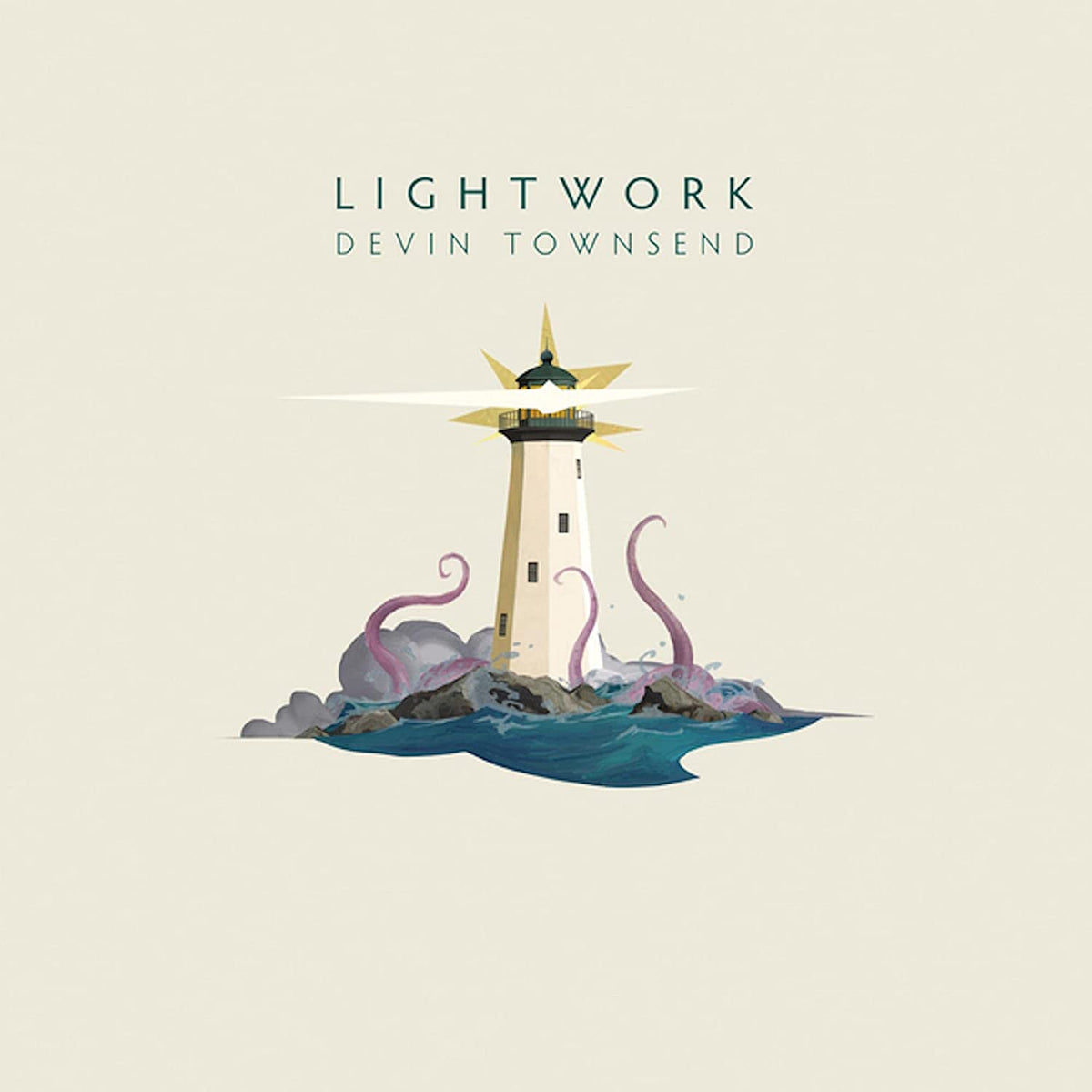 "Album cover featuring a lighthouse surrounded by tentacles on a rocky outcrop."