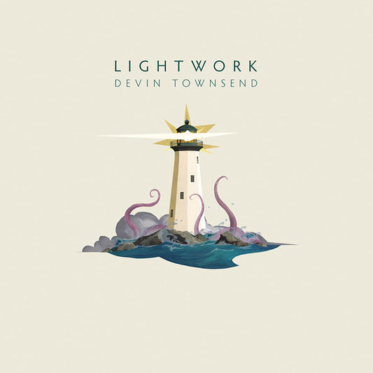 "Album cover featuring a lighthouse surrounded by tentacles on a rocky outcrop."