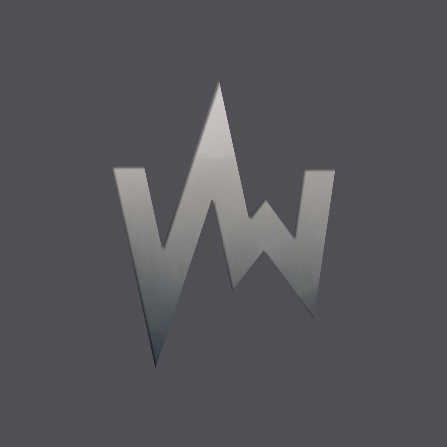 Silver, jagged "W" shape against a dark gray background.