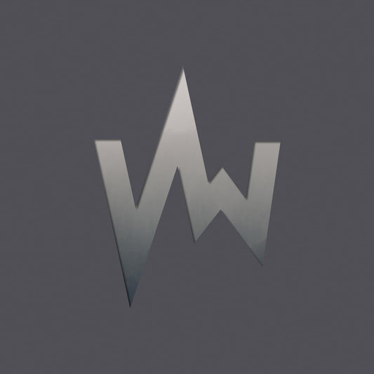 Silver, jagged "W" shape against a dark gray background.