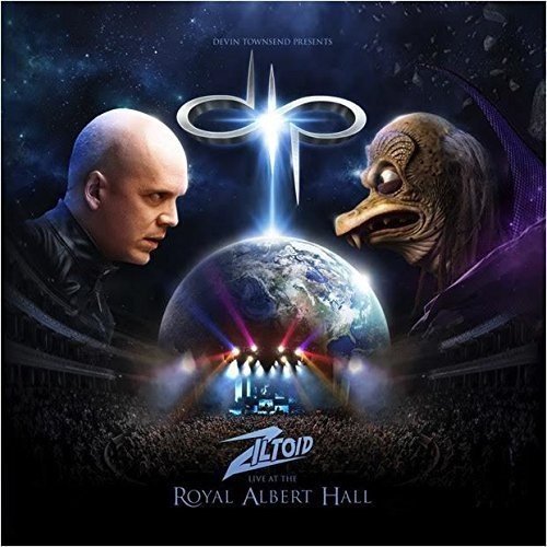 "Album cover featuring a man and alien facing a stage and crowd."