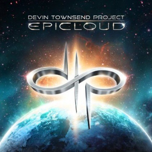 "Album cover with silver logo on planet Earth against a starry space background."