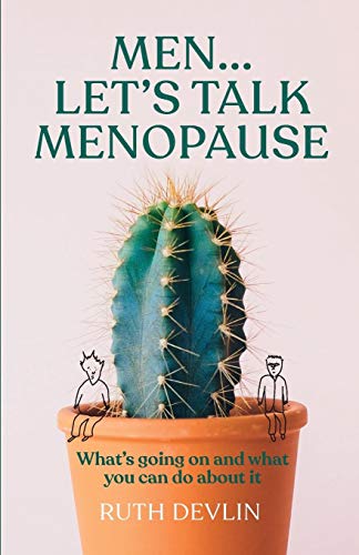 Book cover with cactus and stick figures, titled “Men… Let’s Talk Menopause.”