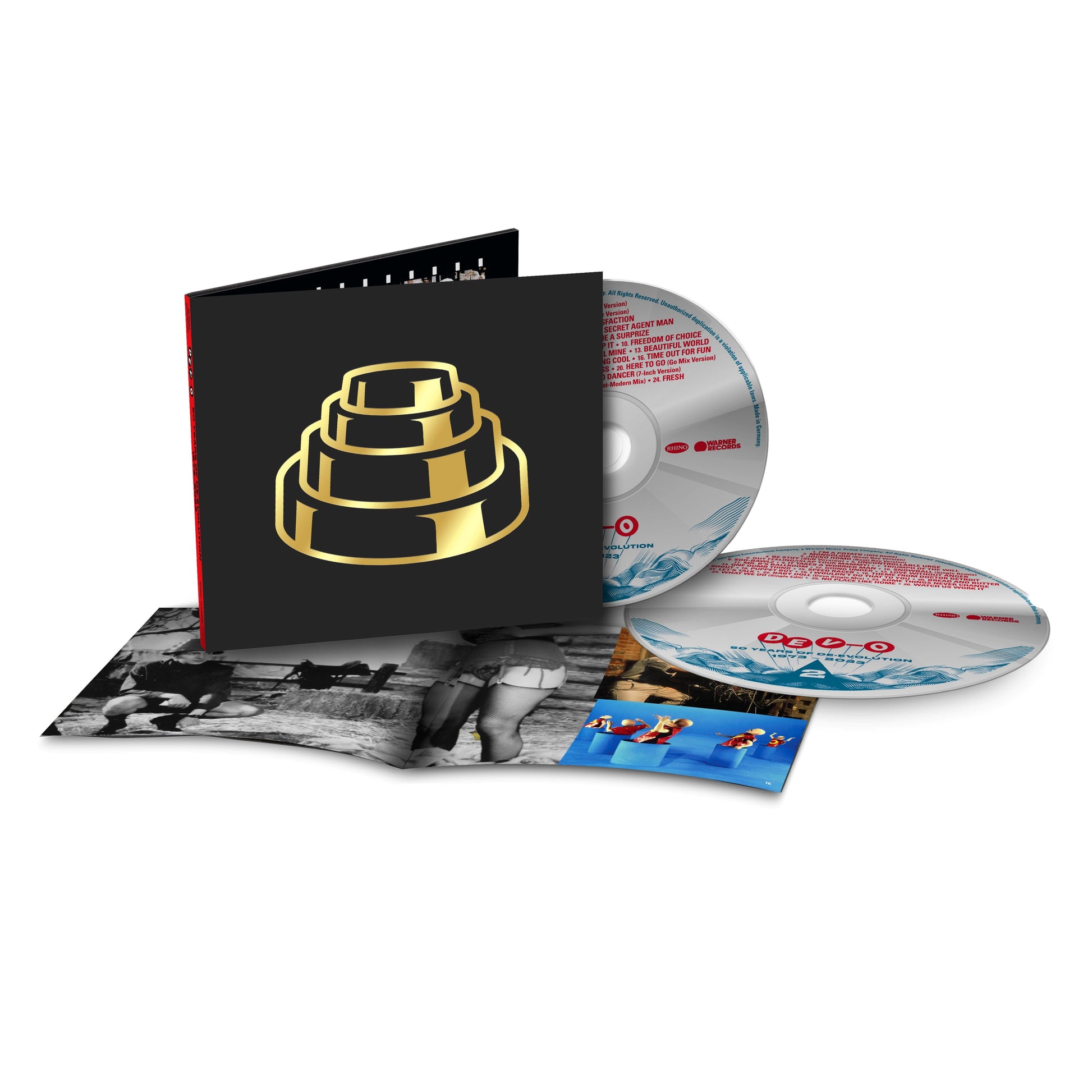 CD case featuring Devo band members, celebrating their 50th anniversary.