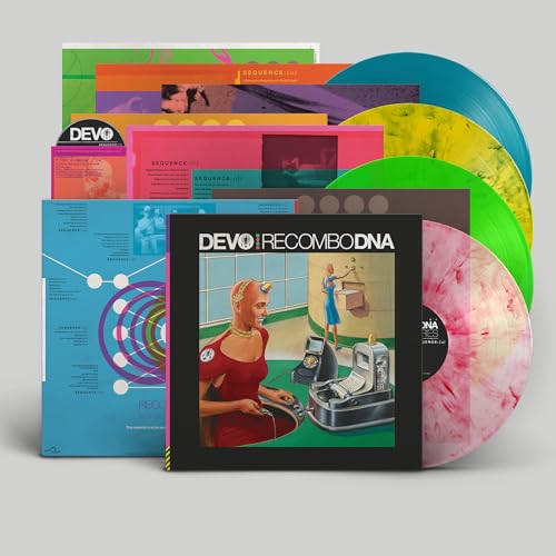 Devo’s “Recombo DNA” vinyl box set with colorful records and artwork.