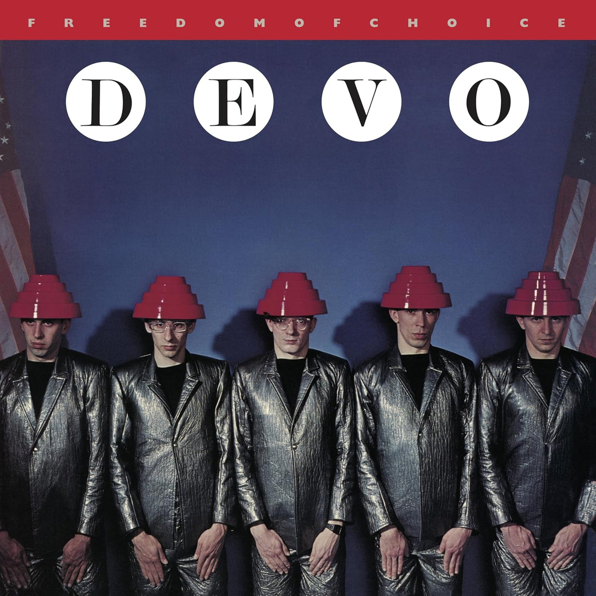 Album cover for Devo’s “Freedom of Choice” featuring five men in red hats.