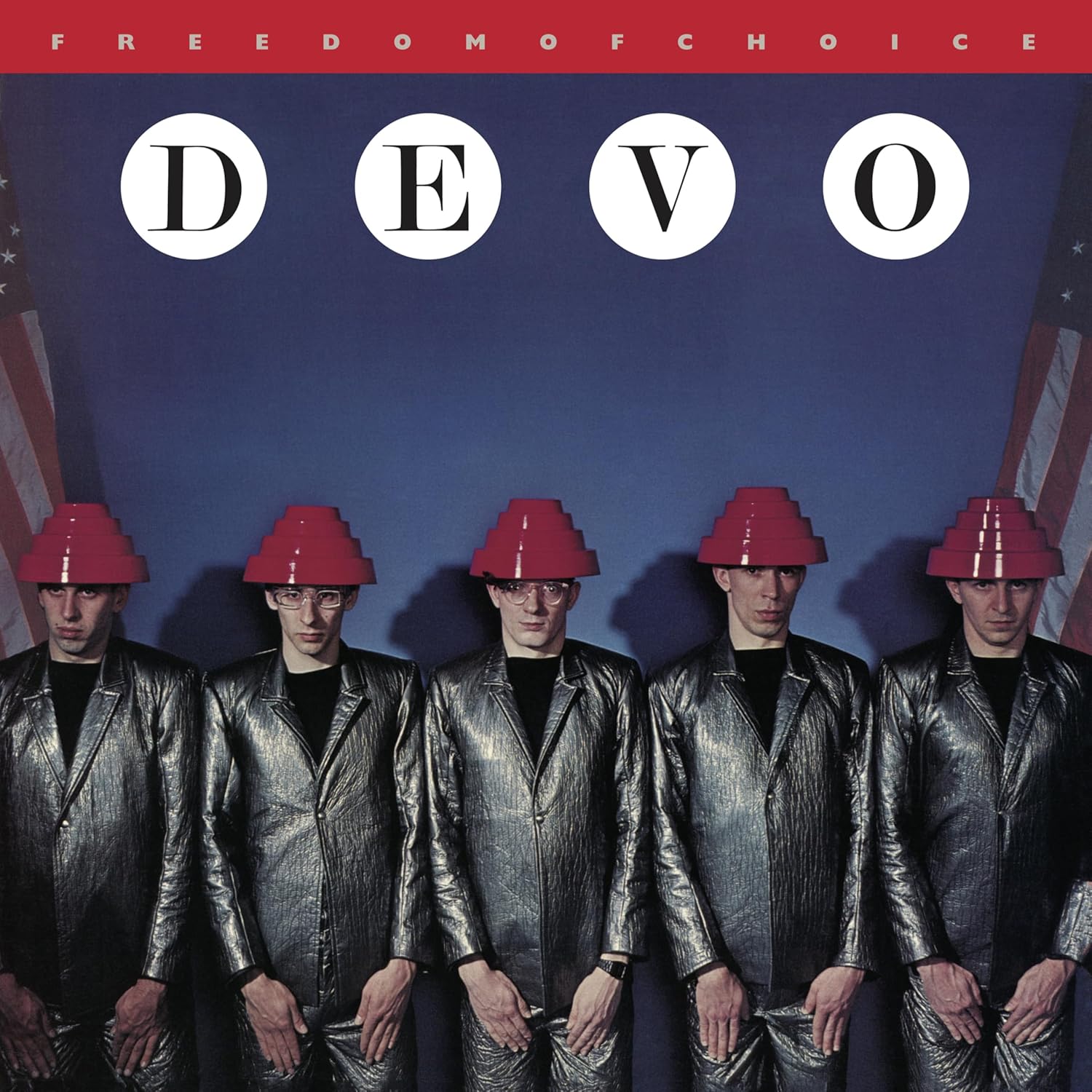 Album cover for Devo’s “Freedom of Choice” featuring five men in red hats.