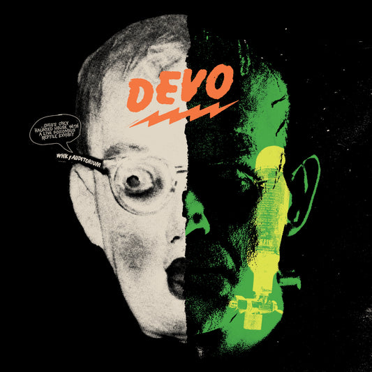 Devo album cover: split-face portrait with text and lightning bolts.