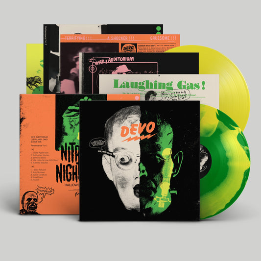 DEVO Nitrous Nightmare vinyl record set with illustrated sleeves and yellow and green discs.