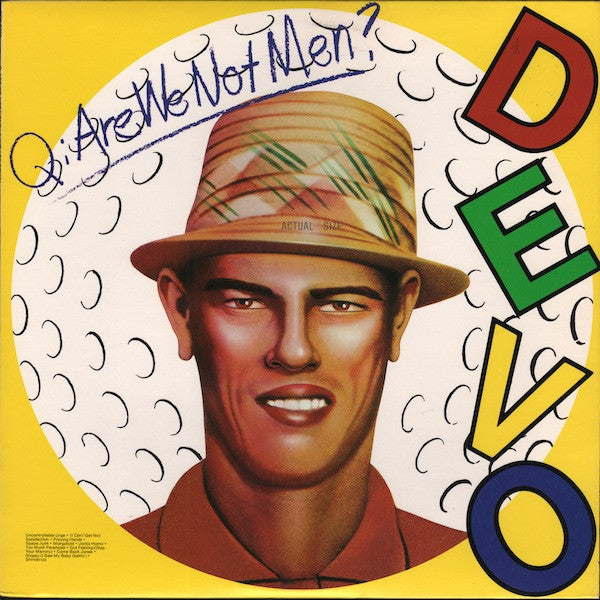 Devo album cover: a man in a straw hat with colorful lettering.