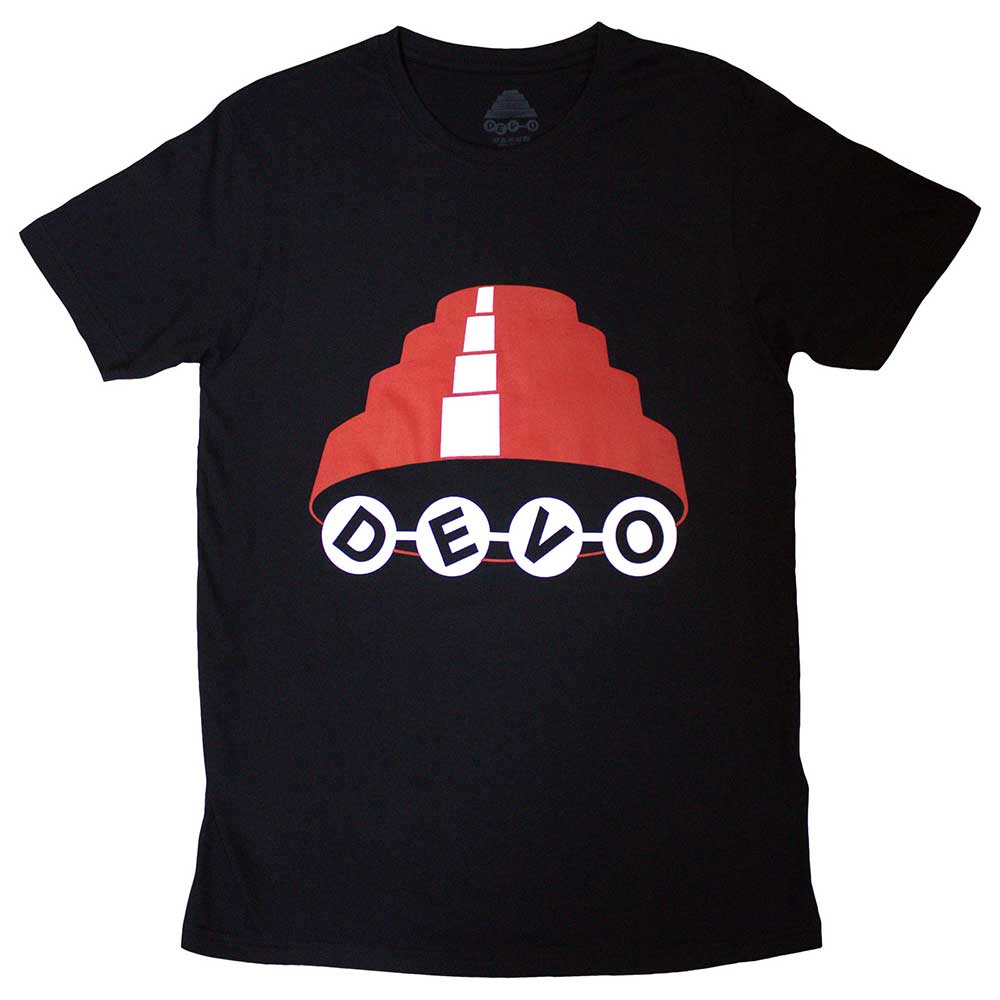 Medium, unisex t-shirt with a graphic of the Devo energy dome on the front.