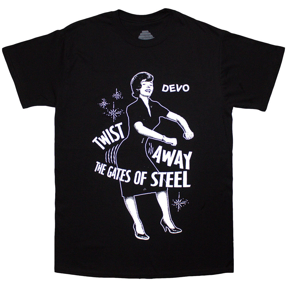 Black unisex T-shirt featuring a Devo Twist Away graphic design on the front.