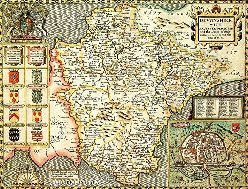 1610 map of Devonshire with coats of arms and decorative borders.