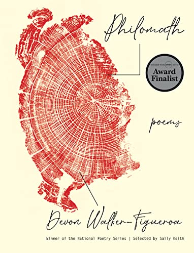 Book cover: "Philomath: Poems" with a red tree ring illustration.