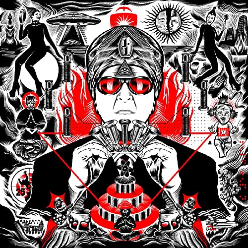 Black, white, and red illustration of a man in sunglasses with surreal, occult imagery.