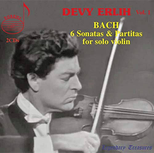Black and white photo of violinist Devy Erlih playing with text overlay.