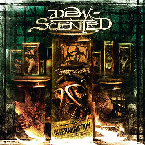"Album cover with 'Dew-scented' and 'intermination' text, featuring jars with disturbing contents."