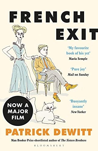 Book cover: illustrated woman, man, and cat with “French Exit” title.