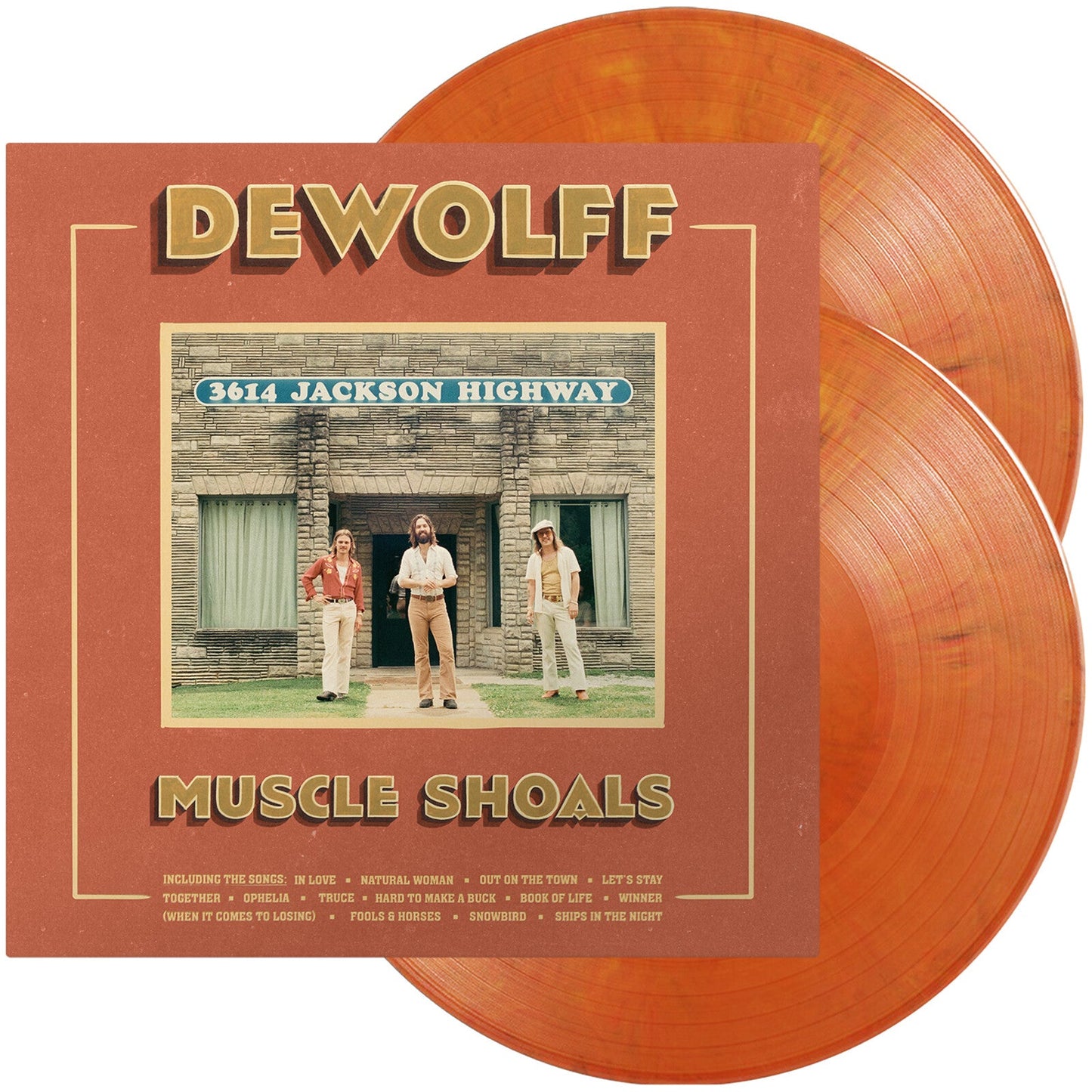 Vinyl record for Dewolff’s “Muscle Shoals” with a red and orange swirl design.
