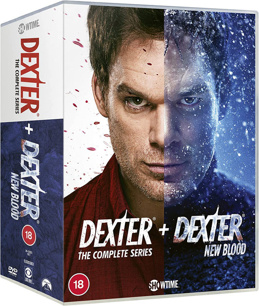 DVD cover for "Dexter" series, split image of man with blood splatter and snowy effect.