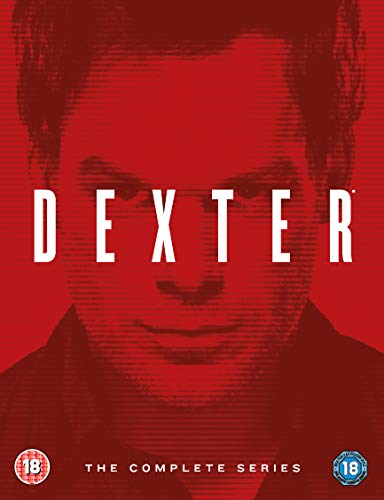 DVD cover for "Dexter" featuring a close-up of a man’s face on a red background.