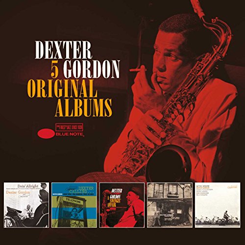 Dexter Gordon playing saxophone with five album covers displayed in a row below.