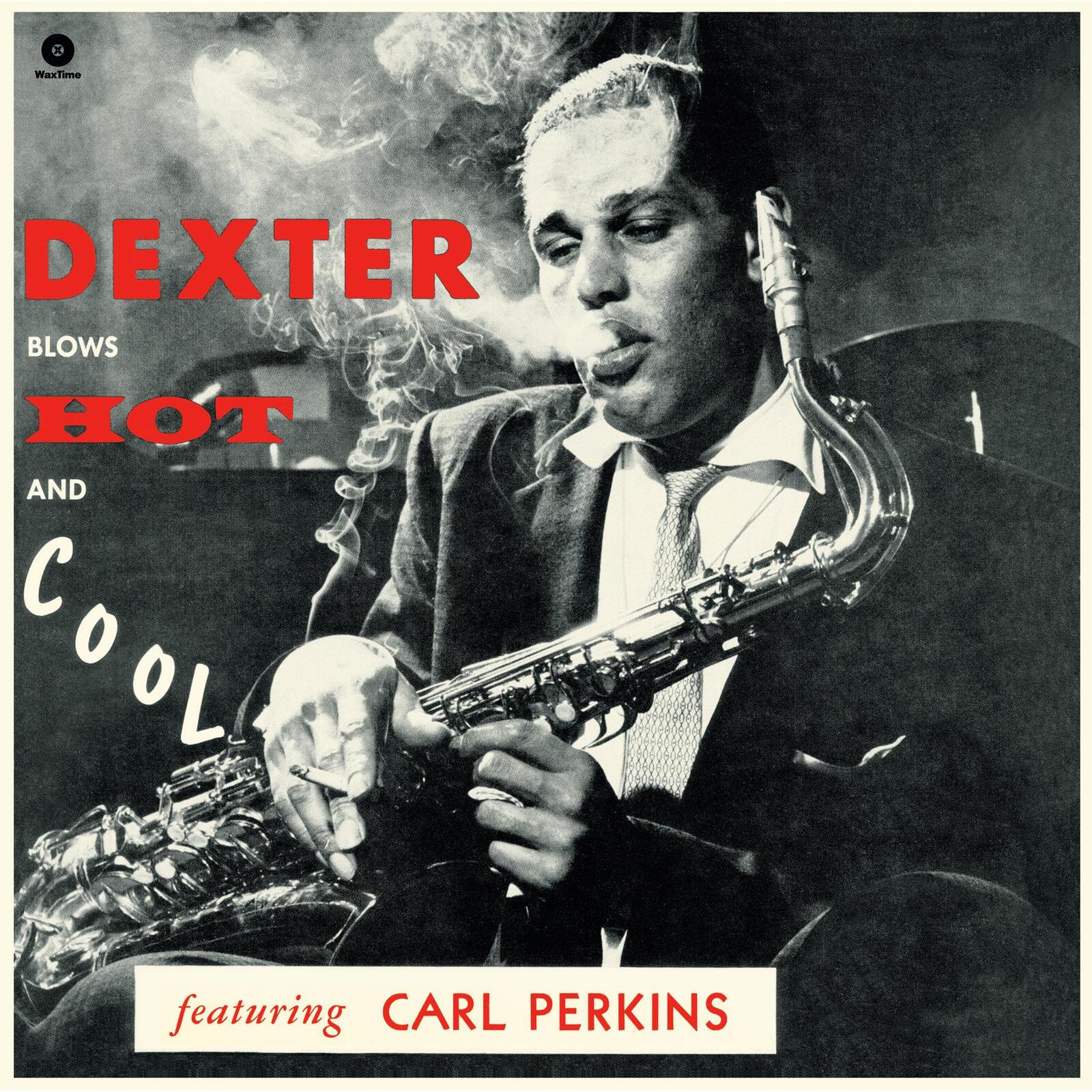 Black and white photo of Dexter Gordon playing saxophone while smoking a cigarette.