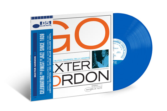 Blue vinyl record of Dexter Gordon’s “Go!” with orange and white cover art.