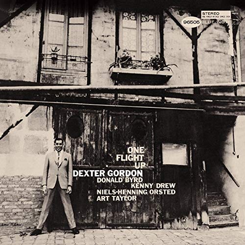 Black and white album cover featuring Dexter Gordon standing in front of a building.