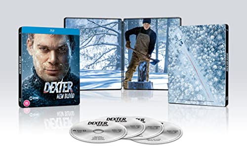Dexter: New Blood" Blu-ray Steelbook with discs, featuring a man in a snowy landscape.