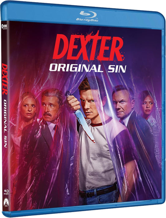 “Dexter: Original Sin” Blu-ray cover featuring characters and a knife.