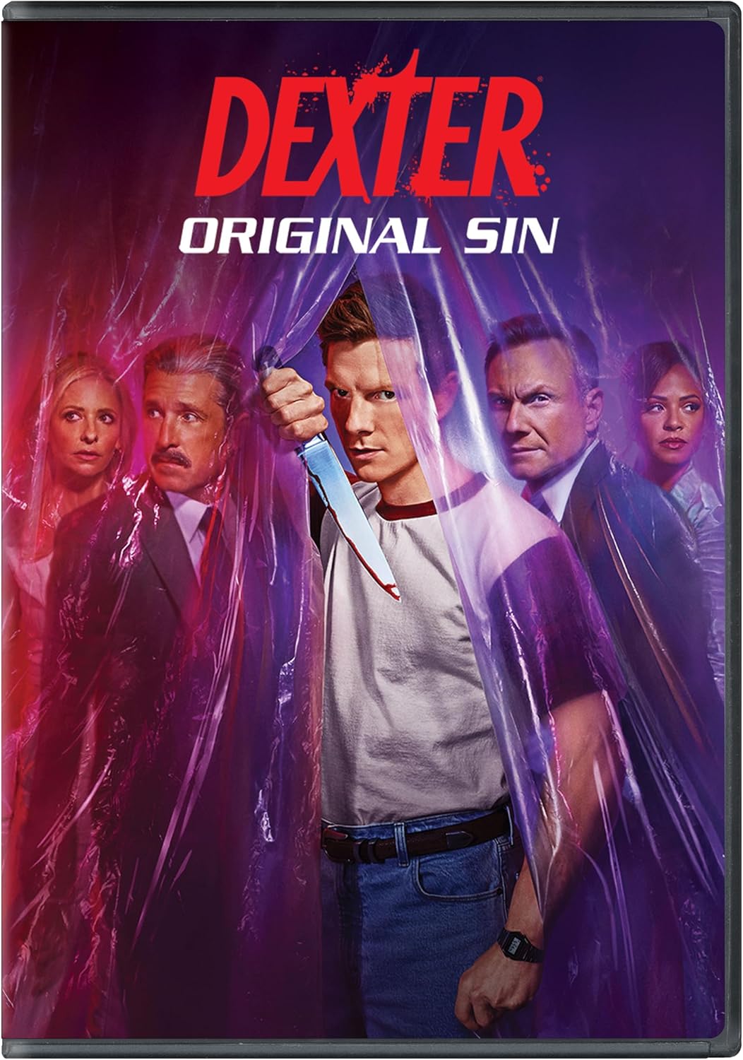 Dexter: Original Sin" DVD cover featuring Dexter Morgan with cast members.