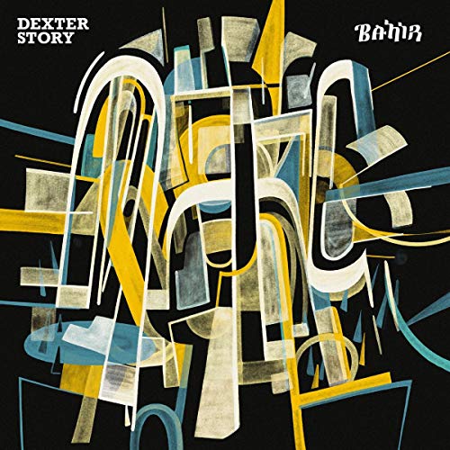 "Vinyl album cover with abstract shapes in yellow, blue, and white on a black background."