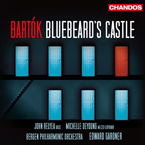 CD cover for Bartók’s Bluebeard’s Castle, featuring six blue and one red doors.