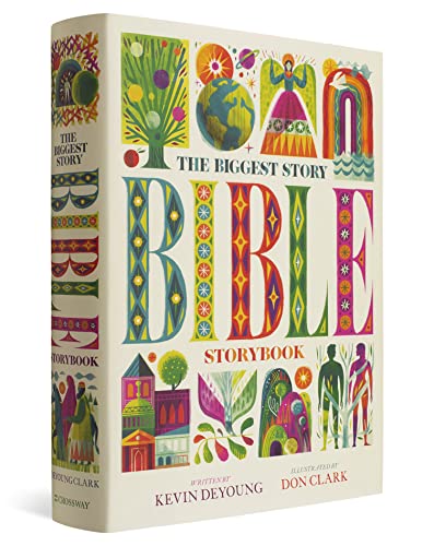 The Biggest Story Bible Storybook with colorful, stylized illustrations on a cream-colored background.