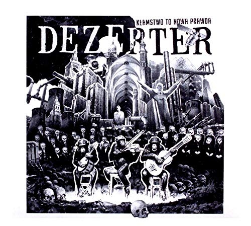 Black and white CD cover with surreal cityscape and musicians.