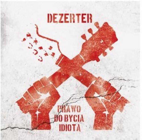 Red distressed graphic of two crossed fists and a broken guitar neck on white.